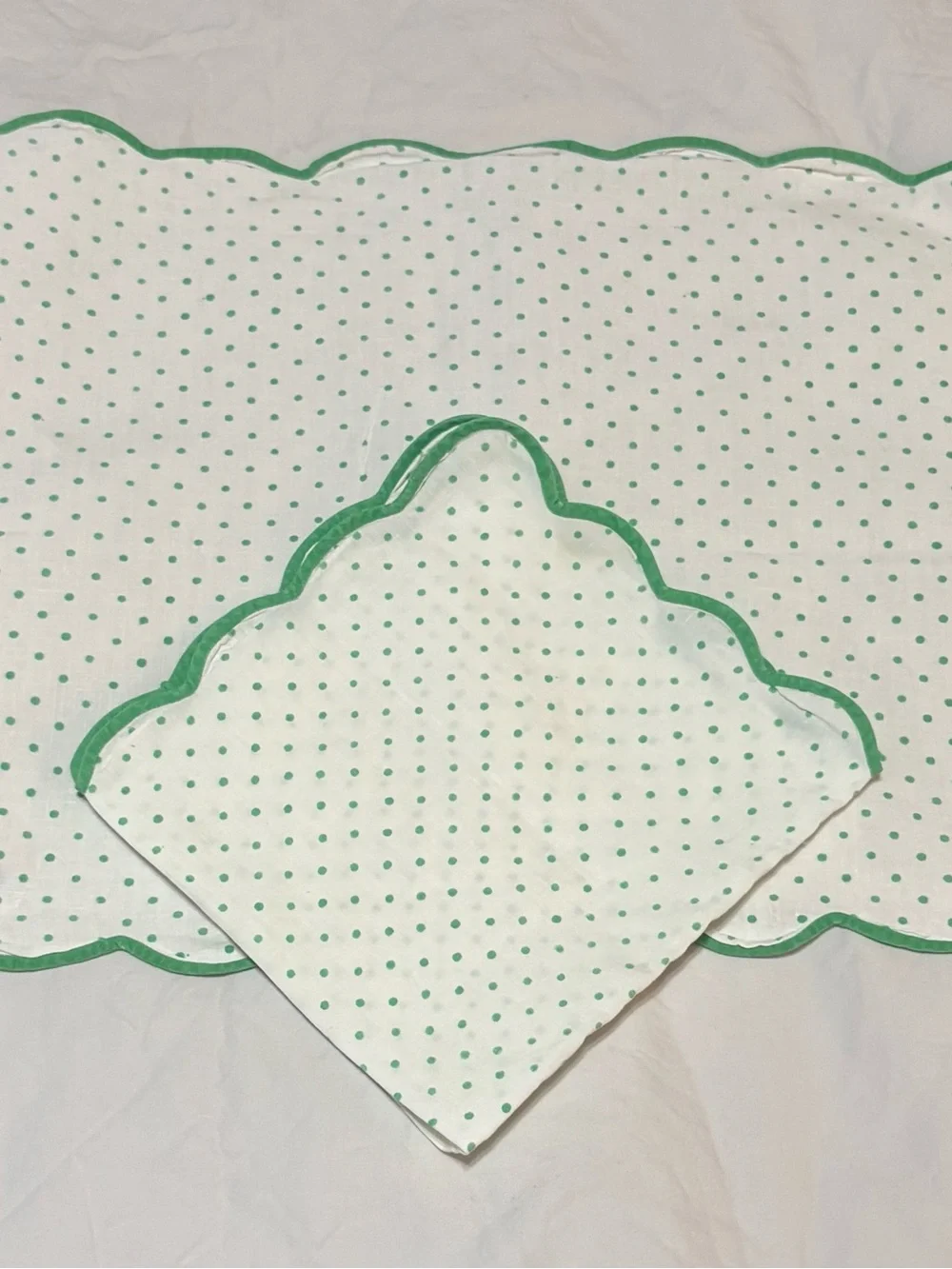 Vtg D Porthault White & Green Polka Dots Design Lin 100% Flax Placemat Napkin